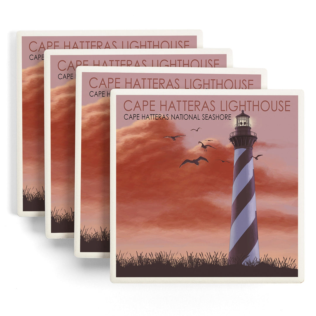 Outer Banks, North Carolina, Cape Hatteras Lighthouse, Sunrise, Lantern Press Artwork, Coaster Set Coasters Lantern Press 