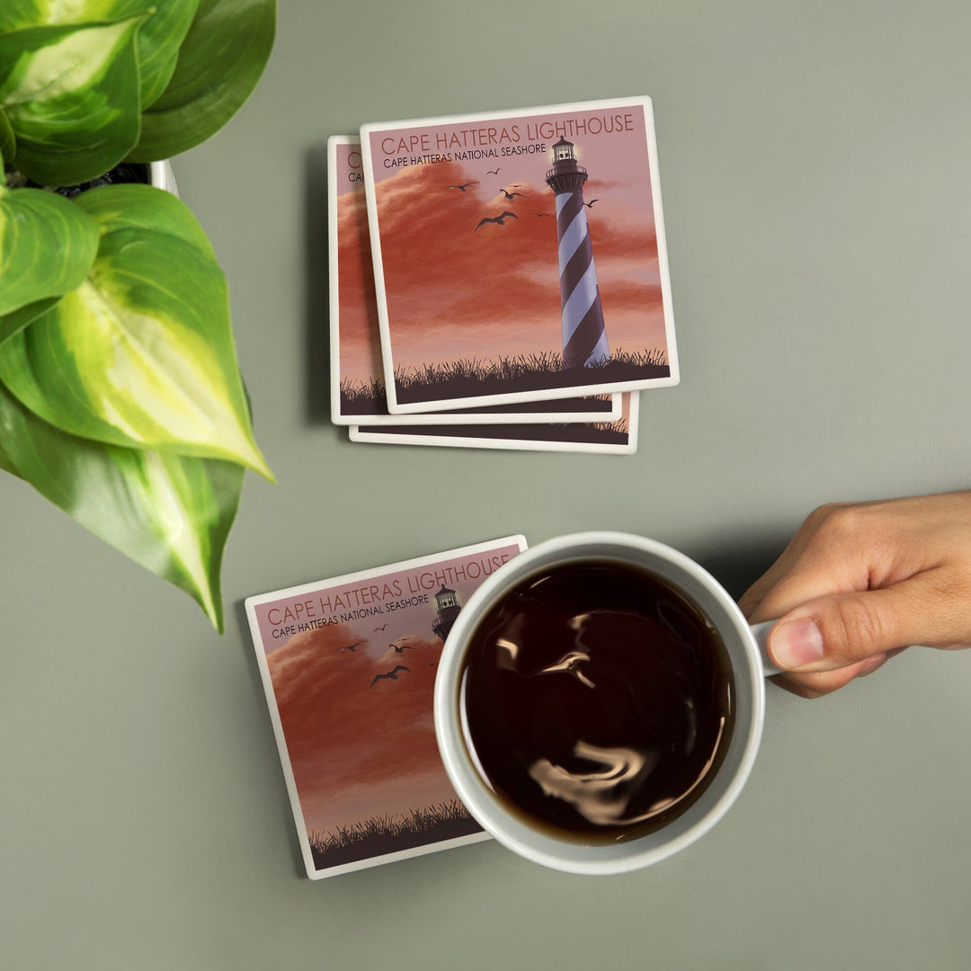 Outer Banks, North Carolina, Cape Hatteras Lighthouse, Sunrise, Lantern Press Artwork, Coaster Set Coasters Lantern Press 