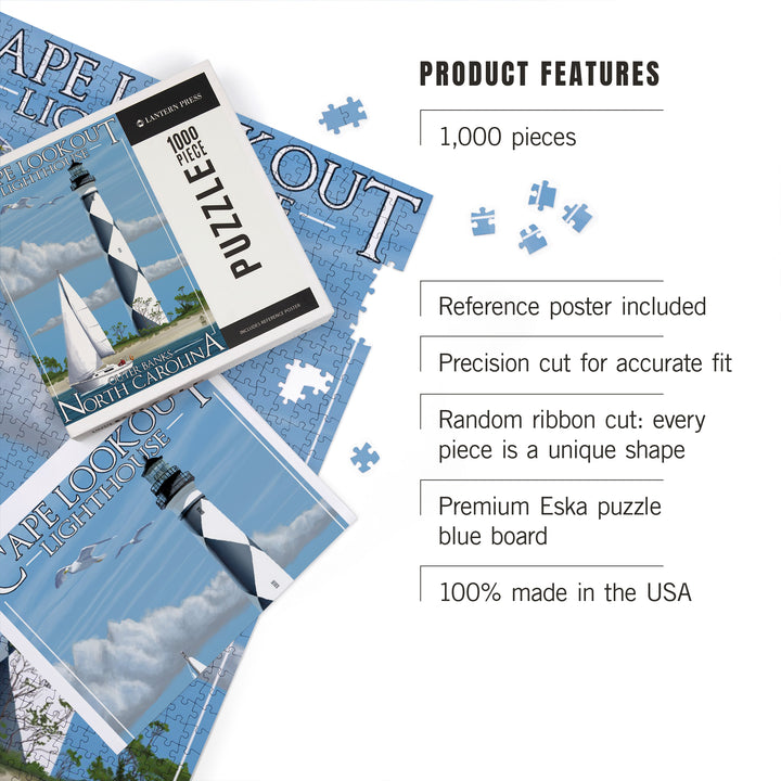 Outer Banks, North Carolina, Cape Lookout Lighthouse, Jigsaw Puzzle Puzzle Lantern Press 
