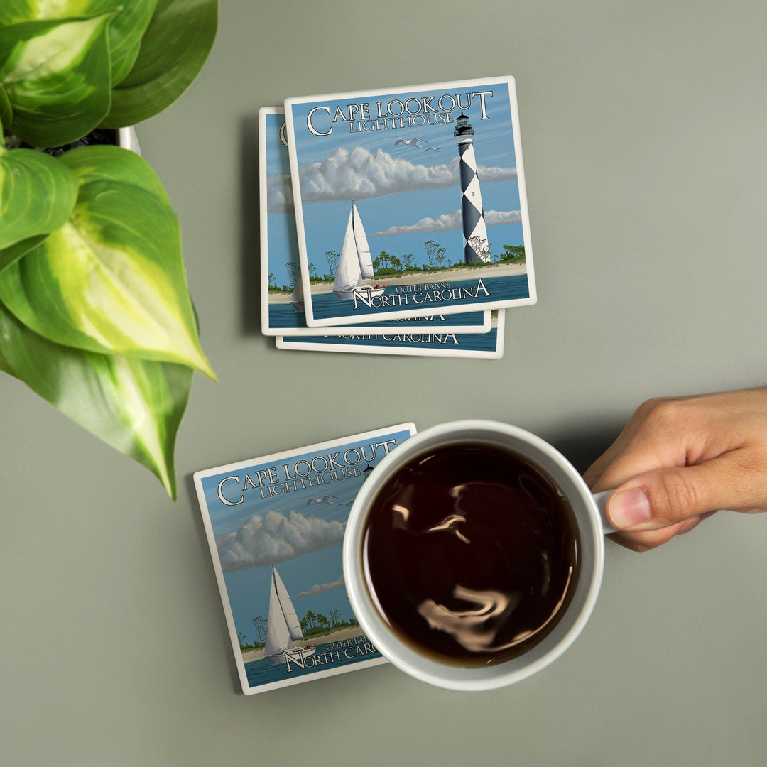 Outer Banks, North Carolina, Cape Lookout Lighthouse, Lantern Press Artwork, Coaster Set Coasters Lantern Press 