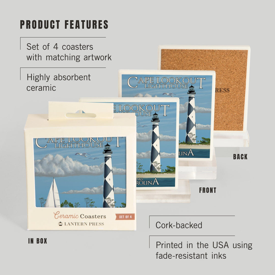 Outer Banks, North Carolina, Cape Lookout Lighthouse, Lantern Press Artwork, Coaster Set Coasters Lantern Press 