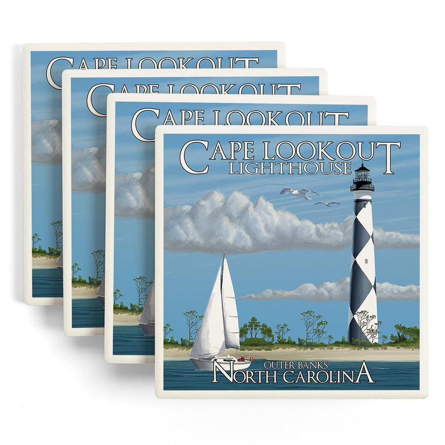 Outer Banks, North Carolina, Cape Lookout Lighthouse, Lantern Press Artwork, Coaster Set Coasters Lantern Press 