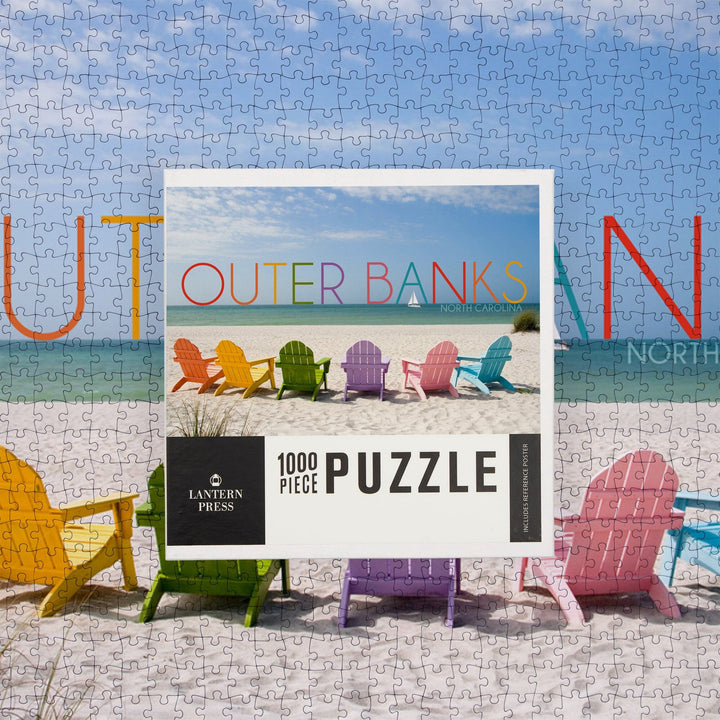 Outer Banks, North Carolina, Colorful Chairs, Jigsaw Puzzle Puzzle Lantern Press 