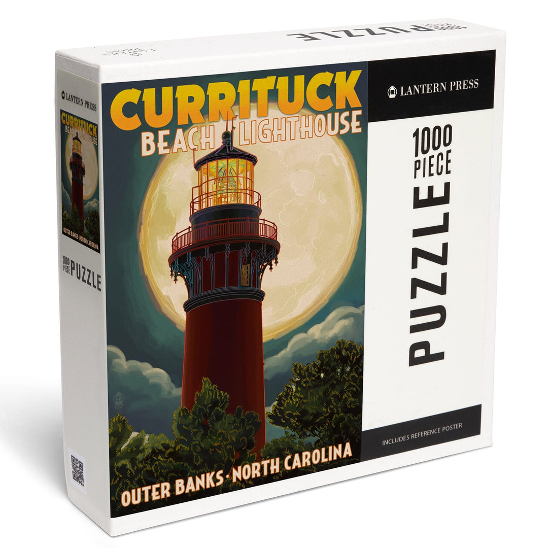 Outer Banks, North Carolina, Currituck Beach Lighthouse and Moon, Jigsaw Puzzle Puzzle Lantern Press 