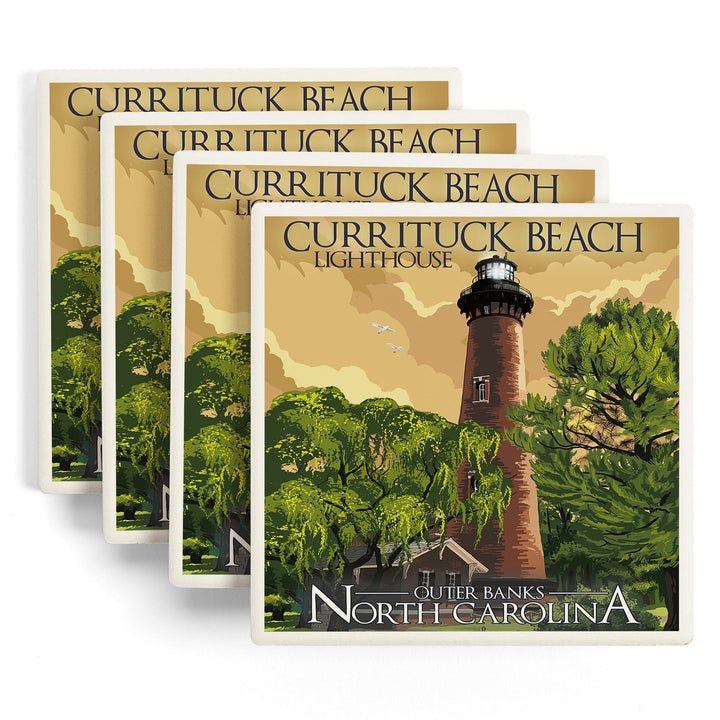 Outer Banks, North Carolina, Currituck Beach Lighthouse, Lantern Press Artwork, Coaster Set Coasters Lantern Press 