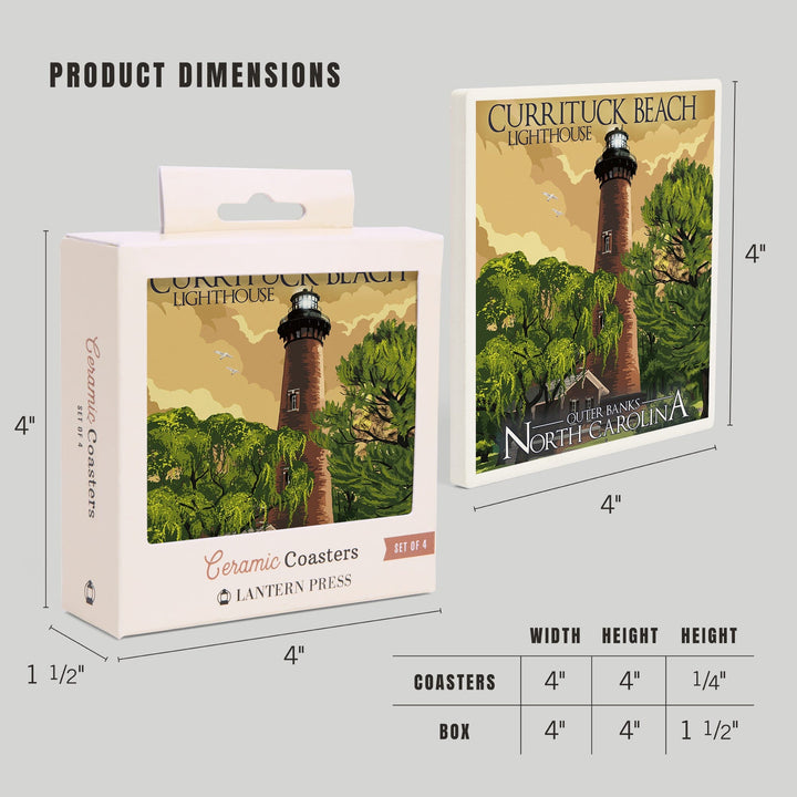 Outer Banks, North Carolina, Currituck Beach Lighthouse, Lantern Press Artwork, Coaster Set Coasters Lantern Press 