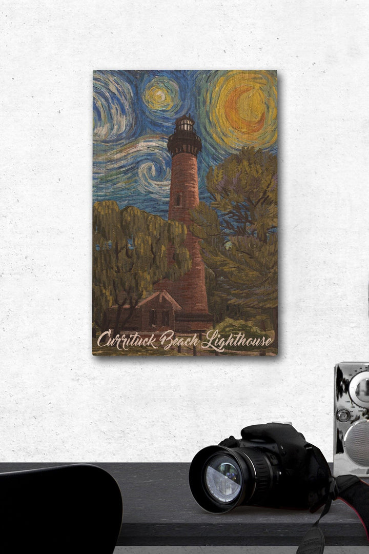 Outer Banks, North Carolina, Currituck Beach Lighthouse, Starry Night, Lantern Press Artwork, Wood Signs and Postcards Wood Lantern Press 12 x 18 Wood Gallery Print 