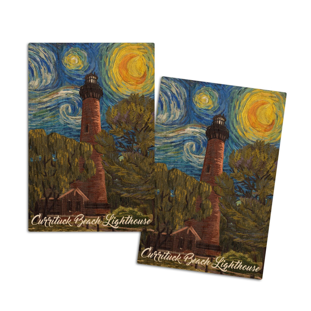 Outer Banks, North Carolina, Currituck Beach Lighthouse, Starry Night, Lantern Press Artwork, Wood Signs and Postcards Wood Lantern Press 4x6 Wood Postcard Set 