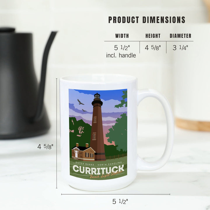 Outer Banks, North Carolina, Currituck Beach Lighthouse, Vector Style, Lantern Press Artwork, Ceramic Mug Mugs Lantern Press 