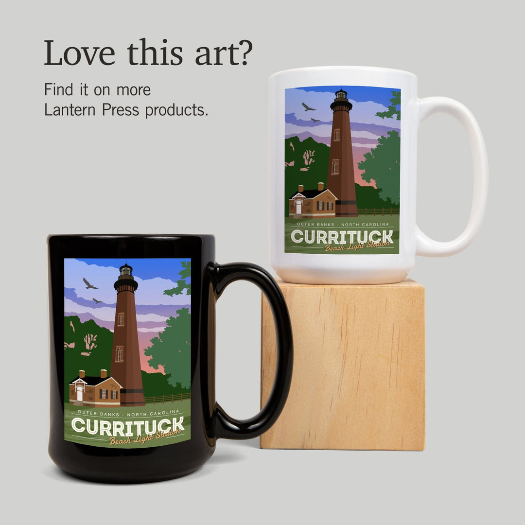 Outer Banks, North Carolina, Currituck Beach Lighthouse, Vector Style, Lantern Press Artwork, Ceramic Mug Mugs Lantern Press 
