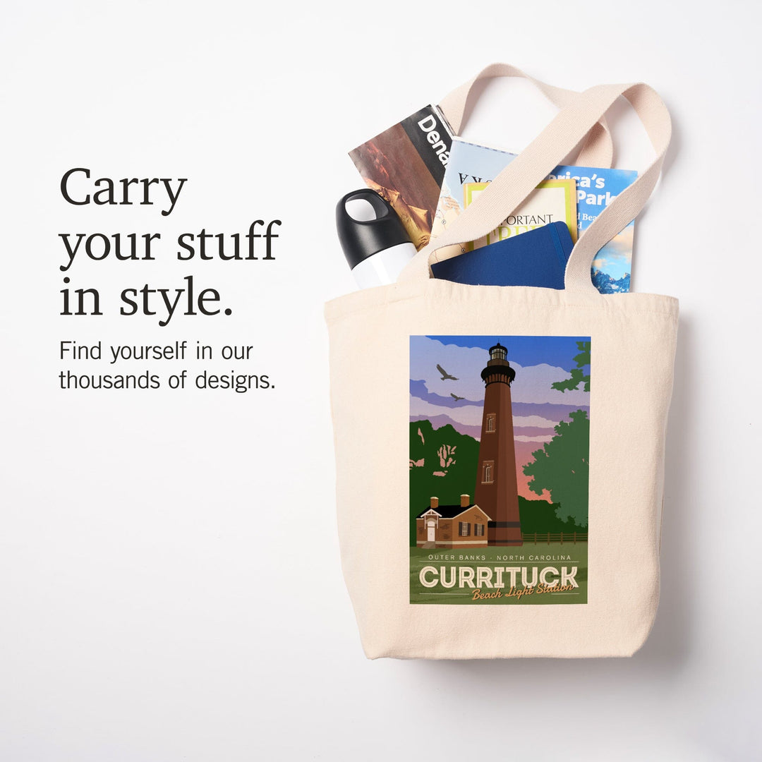 Outer Banks, North Carolina, Currituck Beach Lighthouse, Vector Style, Lantern Press Artwork, Tote Bag Totes Lantern Press 