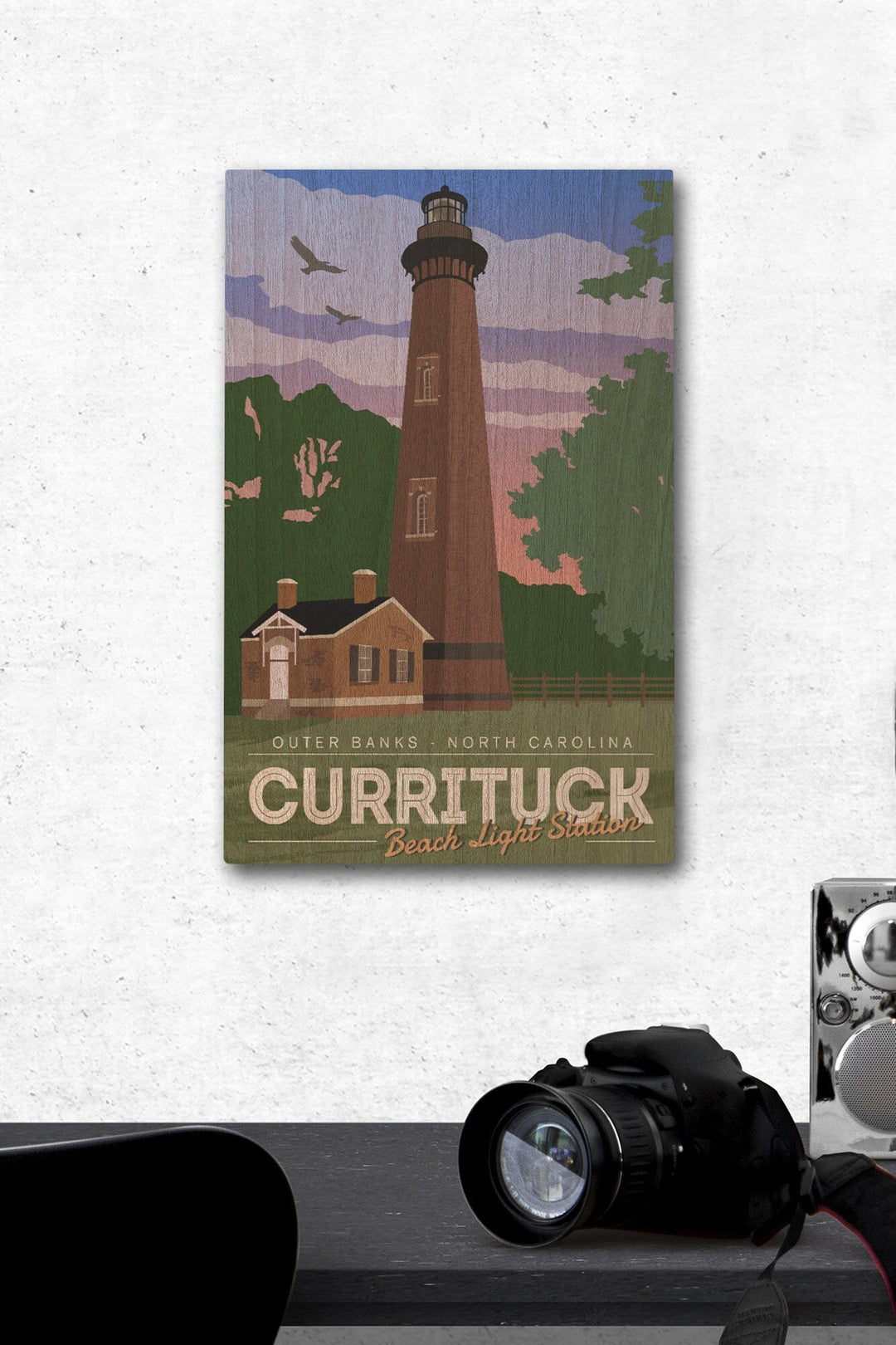Outer Banks, North Carolina, Currituck Beach Lighthouse, Vector Style, Lantern Press Artwork, Wood Signs and Postcards Wood Lantern Press 12 x 18 Wood Gallery Print 