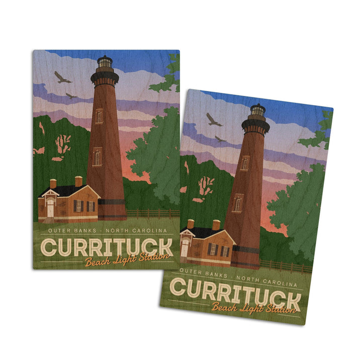 Outer Banks, North Carolina, Currituck Beach Lighthouse, Vector Style, Lantern Press Artwork, Wood Signs and Postcards Wood Lantern Press 4x6 Wood Postcard Set 