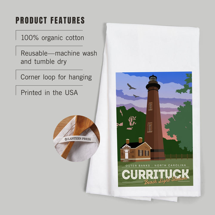 Outer Banks, North Carolina, Currituck Beach Lighthouse, Vector Style, Organic Cotton Kitchen Tea Towels Kitchen Lantern Press 