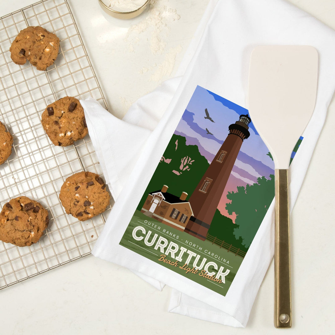 Outer Banks, North Carolina, Currituck Beach Lighthouse, Vector Style, Organic Cotton Kitchen Tea Towels Kitchen Lantern Press 