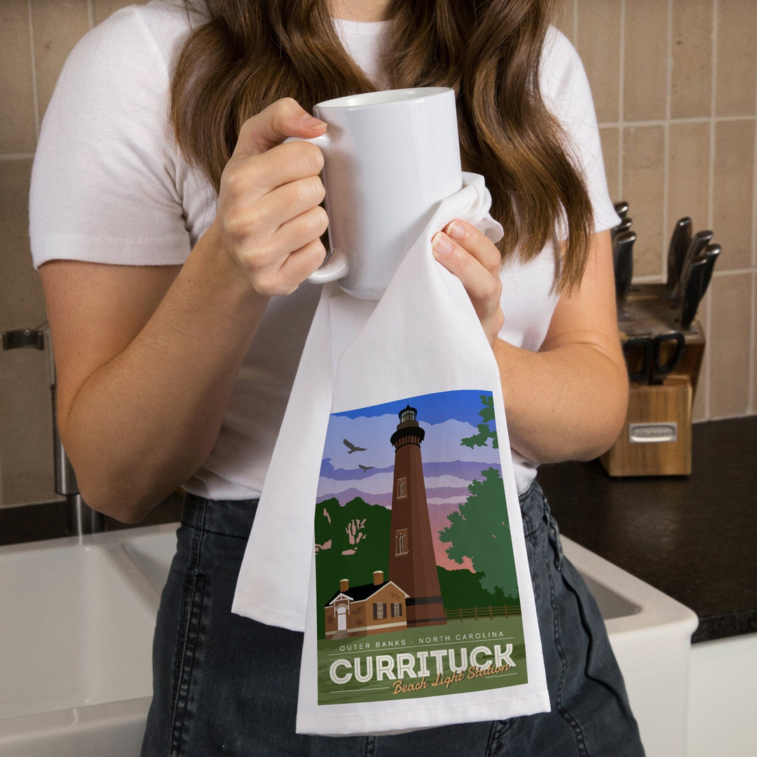 Outer Banks, North Carolina, Currituck Beach Lighthouse, Vector Style, Organic Cotton Kitchen Tea Towels Kitchen Lantern Press 