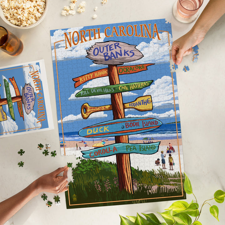 Outer Banks, North Carolina, Destination Signpost, Jigsaw Puzzle Puzzle Lantern Press 