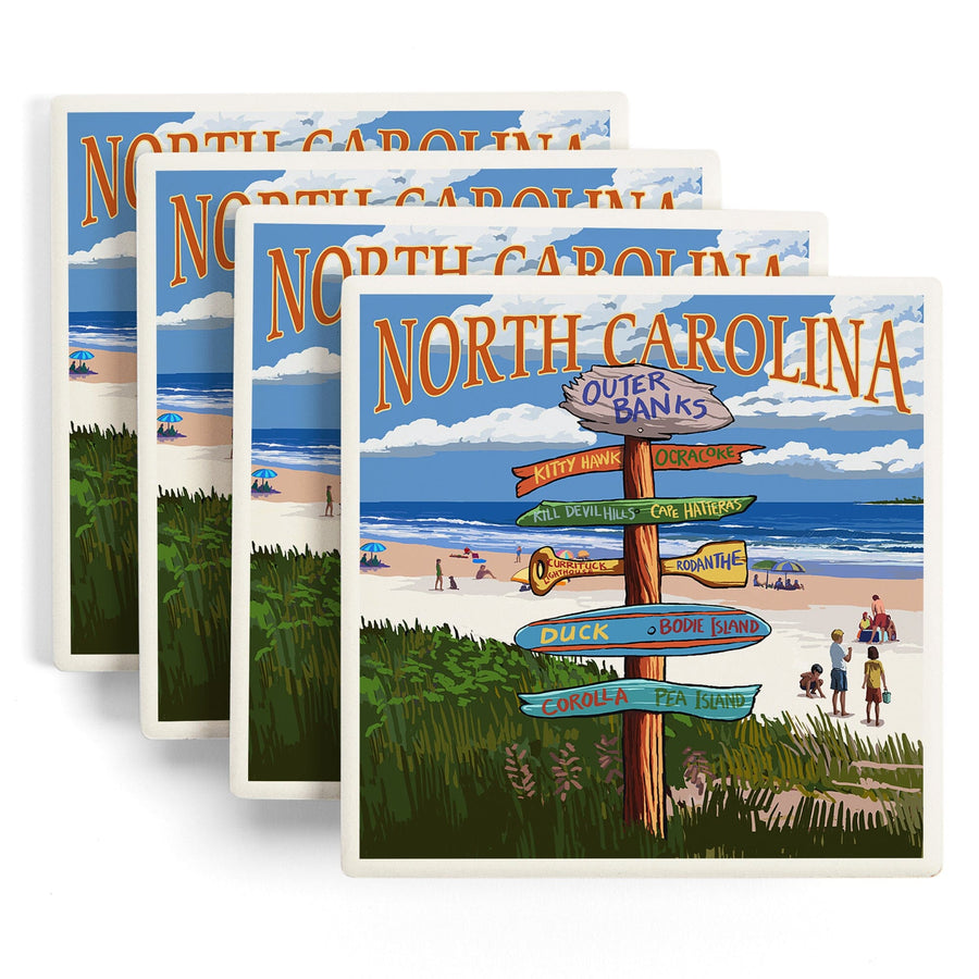 Outer Banks, North Carolina, Destinations Sign, Lantern Press Artwork, Coaster Set Coasters Lantern Press 