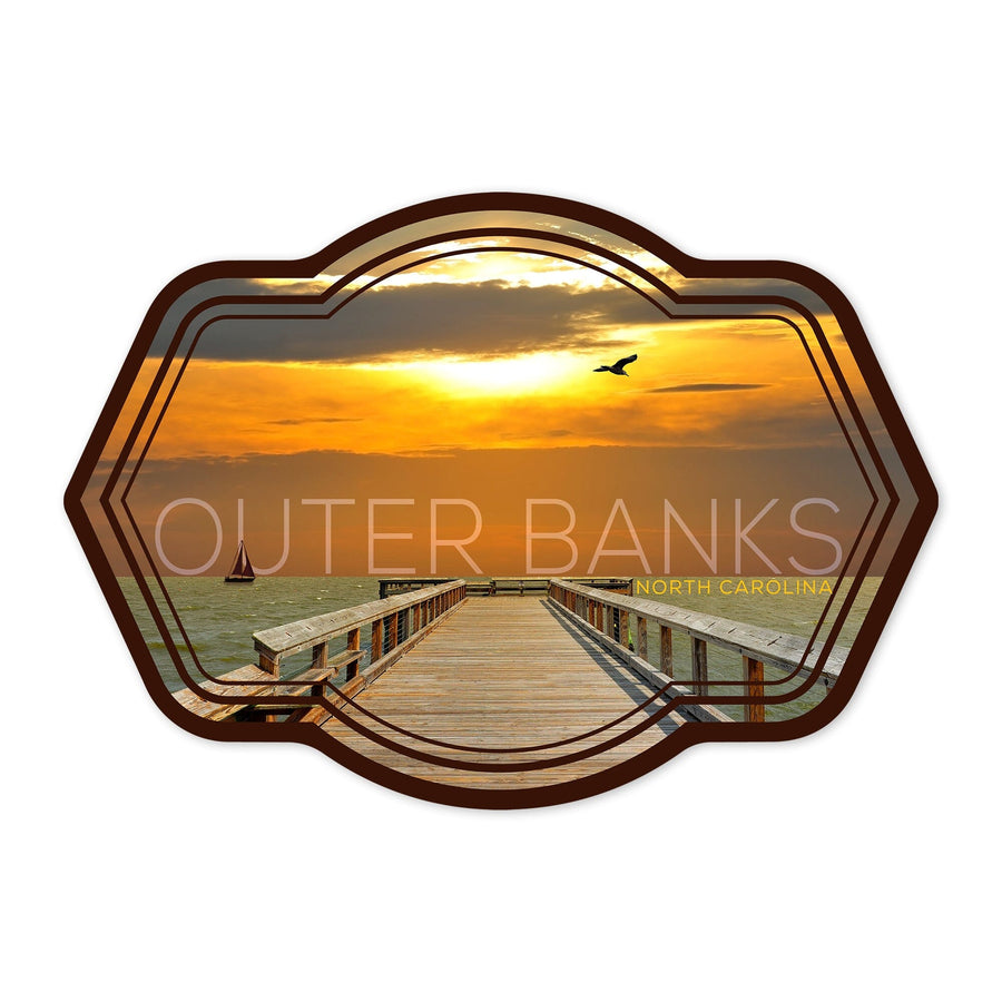 Outer Banks, North Carolina, Dock At Sunset, Contour, Photography, Vinyl Sticker Sticker Lantern Press 