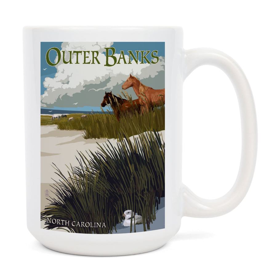 Outer Banks, North Carolina, Horses & Dunes, Lantern Press Artwork, Ceramic Mug Mugs Lantern Press 