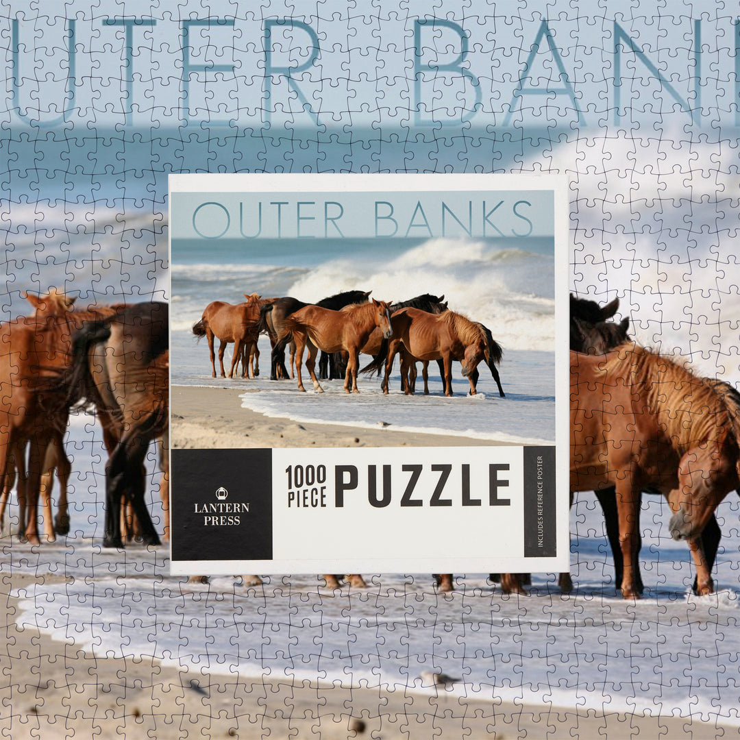 Outer Banks, North Carolina, Horses on Beach, Jigsaw Puzzle Puzzle Lantern Press 