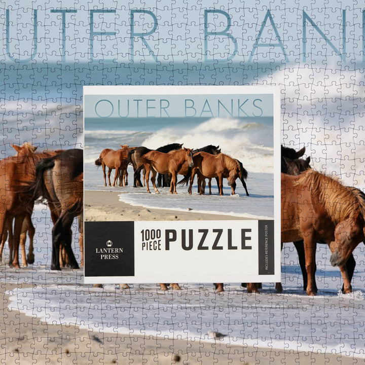 Outer Banks, North Carolina, Horses on Beach, Jigsaw Puzzle Puzzle Lantern Press 