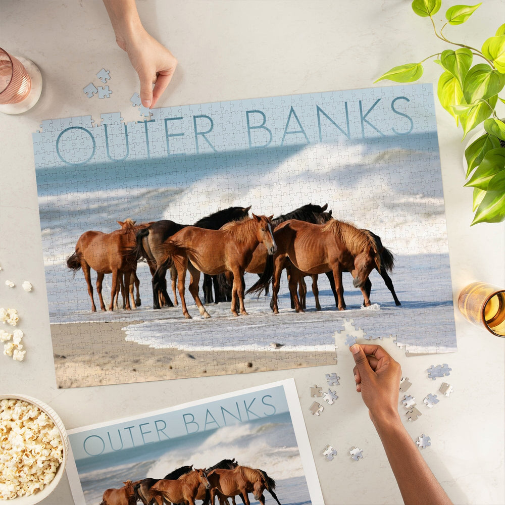Outer Banks, North Carolina, Horses on Beach, Jigsaw Puzzle Puzzle Lantern Press 