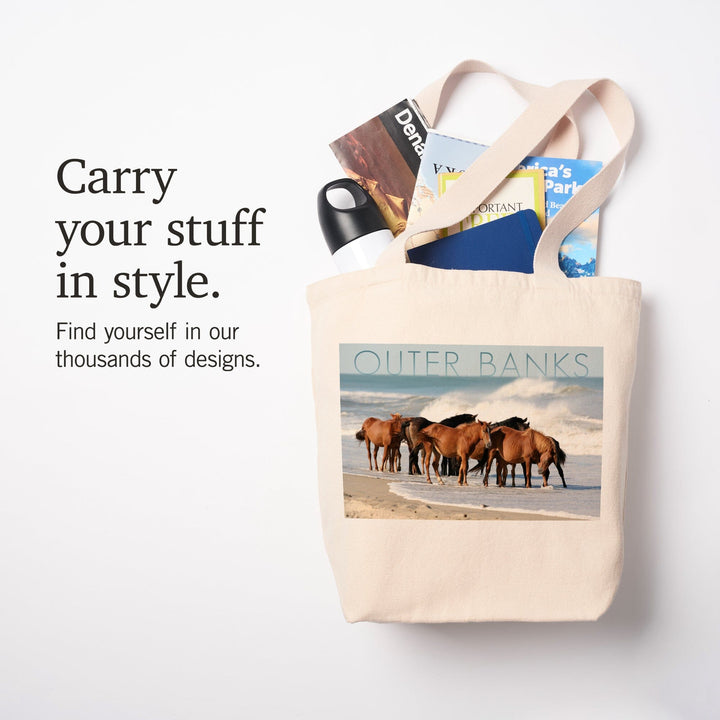 Outer Banks, North Carolina, Horses on Beach, Lantern Press Photography, Tote Bag Totes Lantern Press 