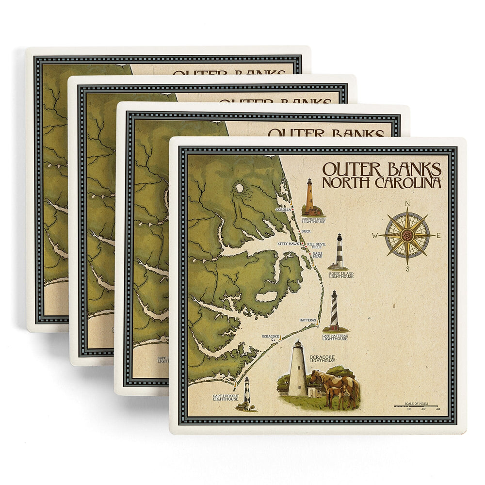 Outer Banks, North Carolina, Lighthouse and Town Map, Coasters Coasters Lantern Press 