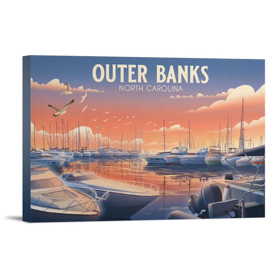 Outer Banks, North Carolina, Lithograph, Home Sweet Harbor, Boats in Marina, Stretched Canvas Canvas Lantern Press 