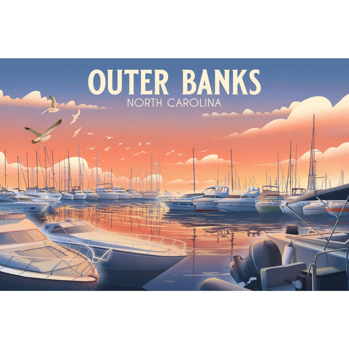 Outer Banks, North Carolina, Lithograph, Home Sweet Harbor, Boats in Marina, Stretched Canvas Canvas Lantern Press 