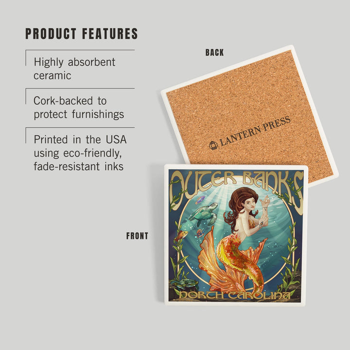 Outer Banks, North Carolina, Mermaid, Coasters Coasters Lantern Press 