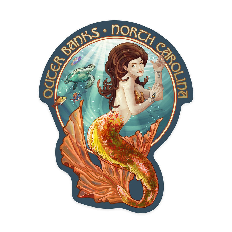 Outer Banks, North Carolina, Mermaid, Contour, Lantern Press Artwork, Vinyl Sticker Sticker Lantern Press 