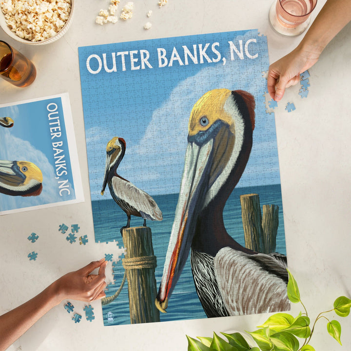 Outer Banks, North Carolina, Pelicans, Jigsaw Puzzle Puzzle Lantern Press 