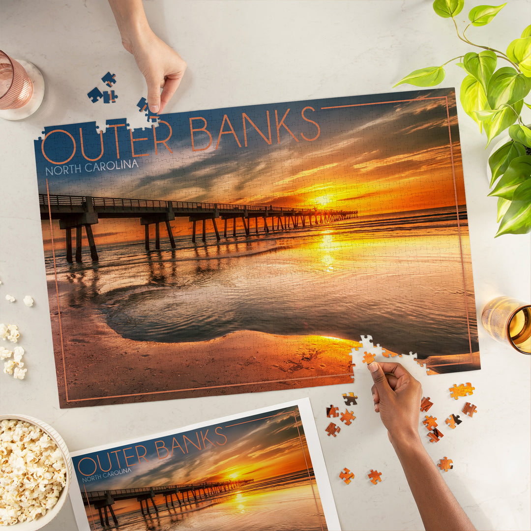 Outer Banks, North Carolina, Pier and Sunset, Jigsaw Puzzle Puzzle Lantern Press 