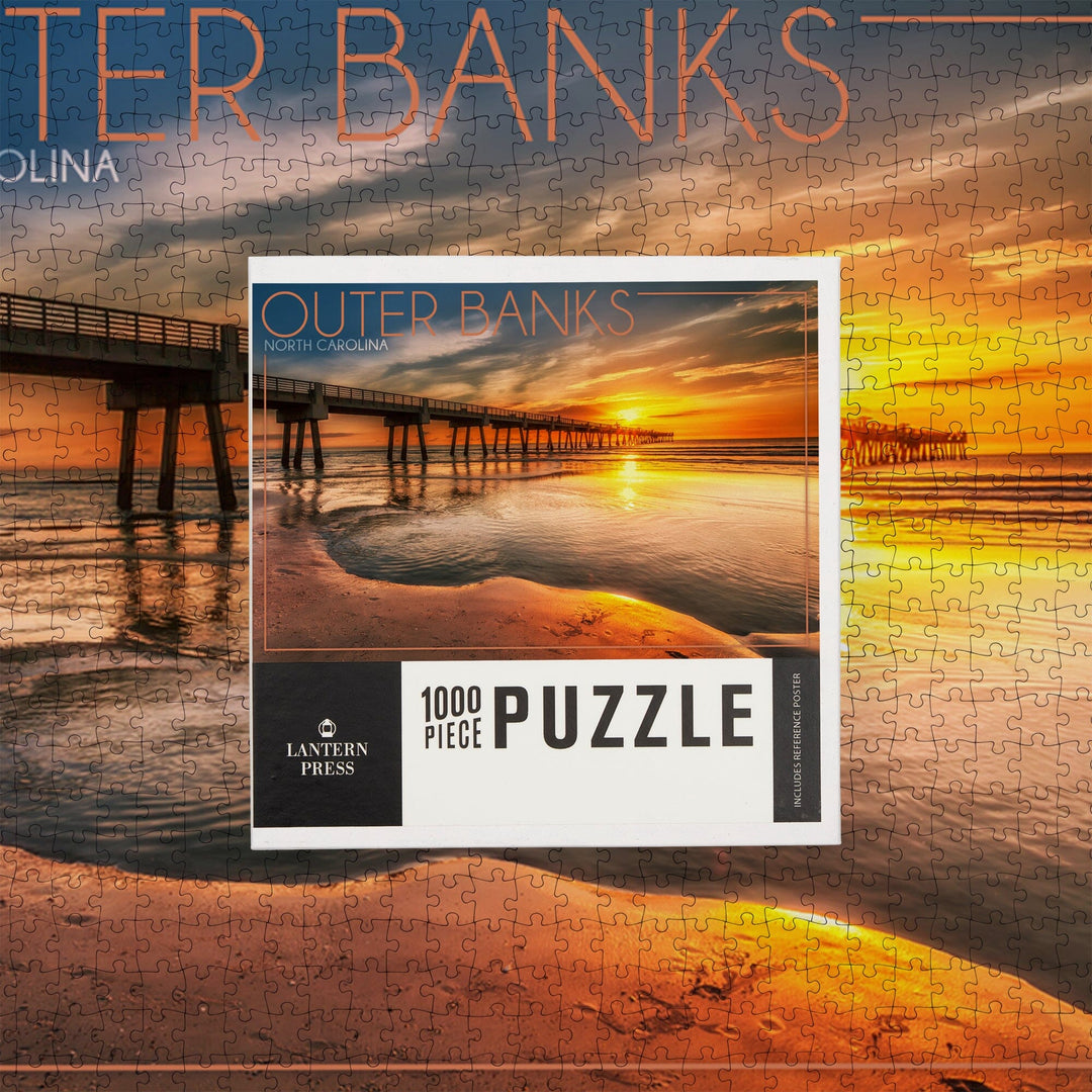 Outer Banks, North Carolina, Pier and Sunset, Jigsaw Puzzle Puzzle Lantern Press 