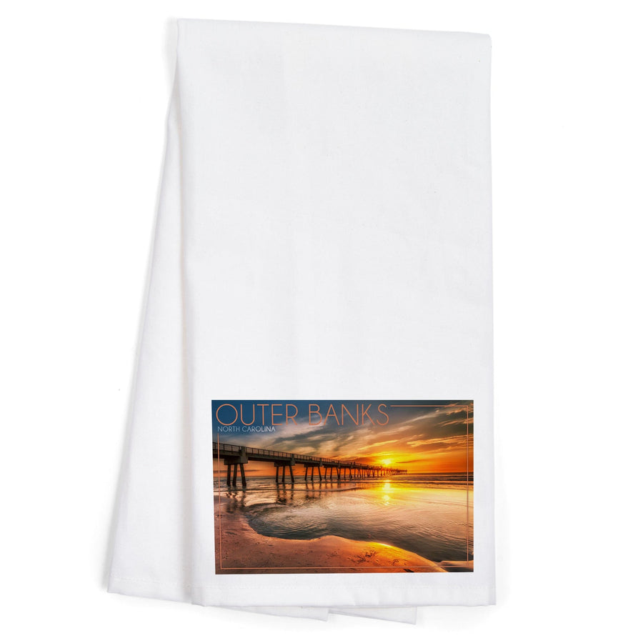 Outer Banks, North Carolina, Pier and Sunset, Organic Cotton Kitchen Tea Towels Kitchen Lantern Press 