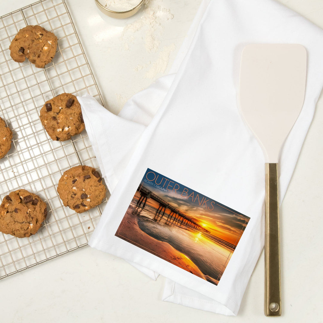 Outer Banks, North Carolina, Pier and Sunset, Organic Cotton Kitchen Tea Towels Kitchen Lantern Press 