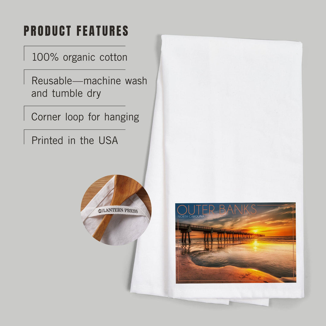 Outer Banks, North Carolina, Pier and Sunset, Organic Cotton Kitchen Tea Towels Kitchen Lantern Press 