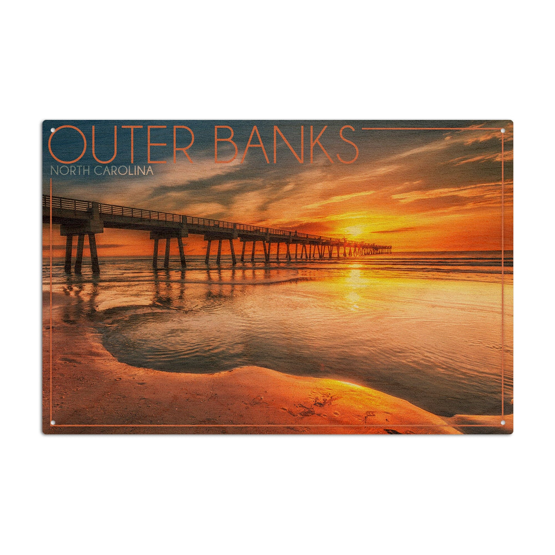 Outer Banks, North Carolina, Pier & Sunset, Lantern Press Photography, Wood Signs and Postcards Wood Lantern Press 10 x 15 Wood Sign 