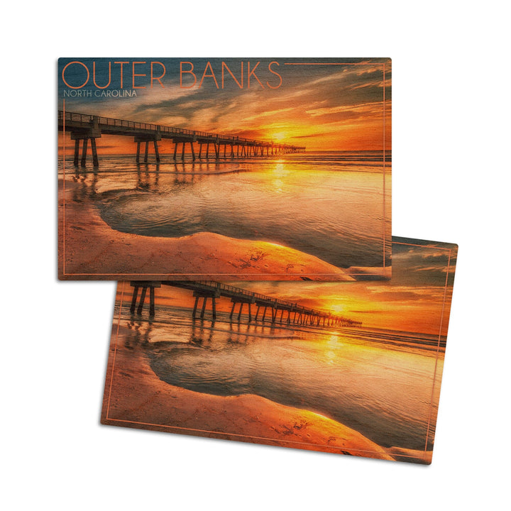 Outer Banks, North Carolina, Pier & Sunset, Lantern Press Photography, Wood Signs and Postcards Wood Lantern Press 4x6 Wood Postcard Set 