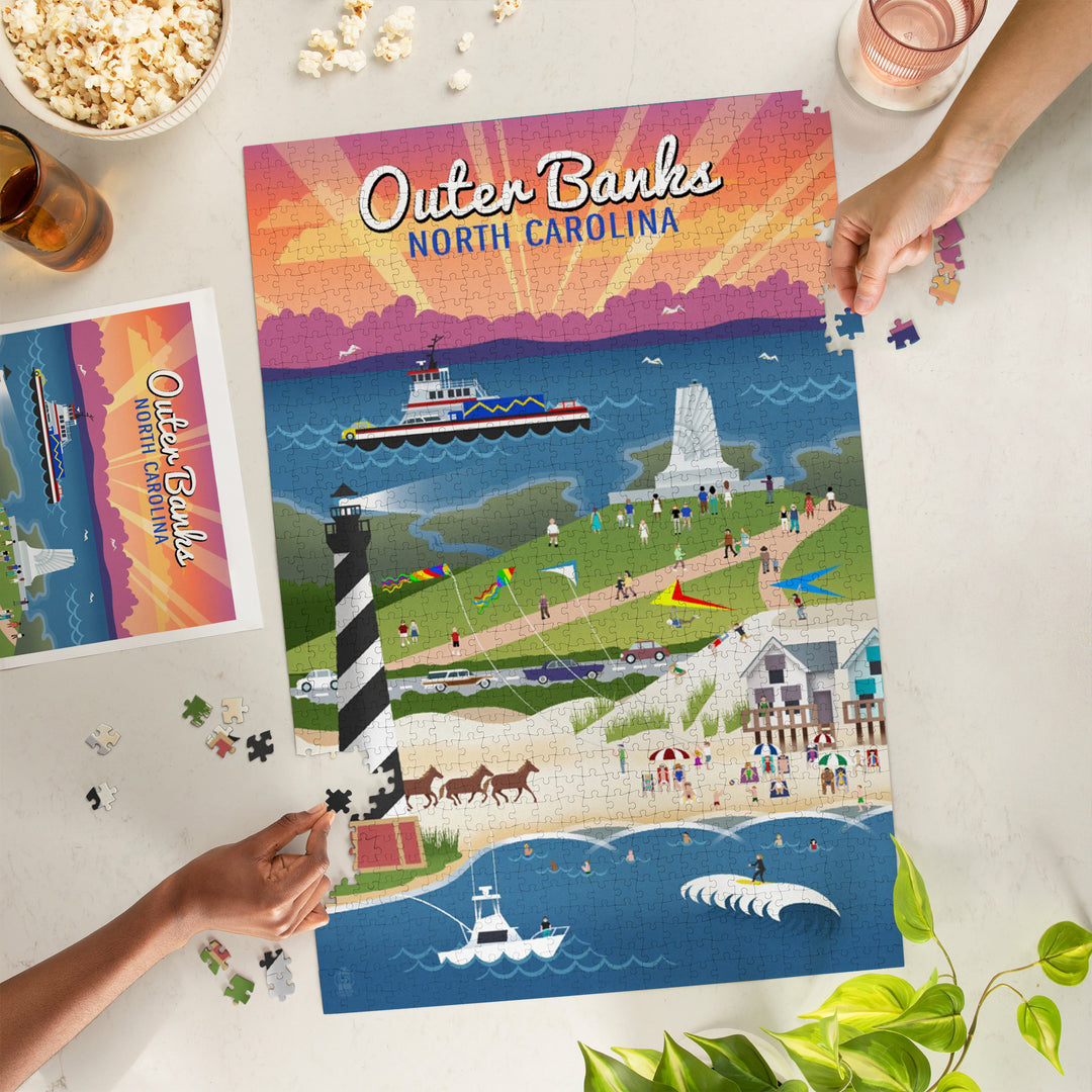 Outer Banks, North Carolina, Retro Scenes, Jigsaw Puzzle Puzzle Lantern Press 
