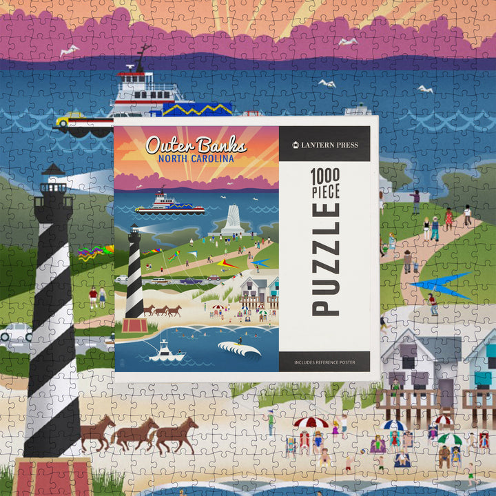 Outer Banks, North Carolina, Retro Scenes, Jigsaw Puzzle Puzzle Lantern Press 