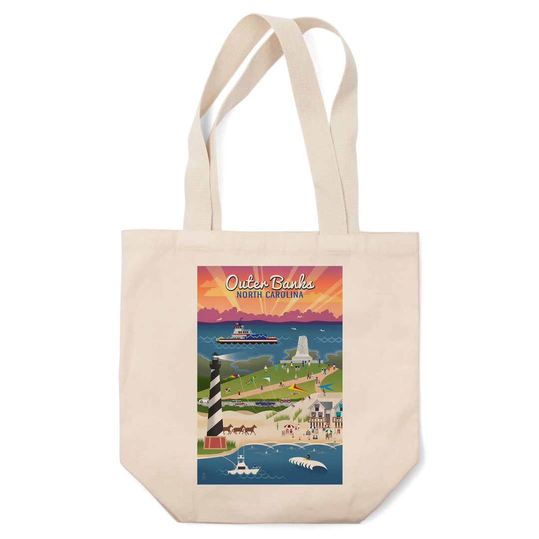 Outer Banks, North Carolina, Retro Scenes, Lantern Press Artwork, Tote Bag Totes Lantern Press 