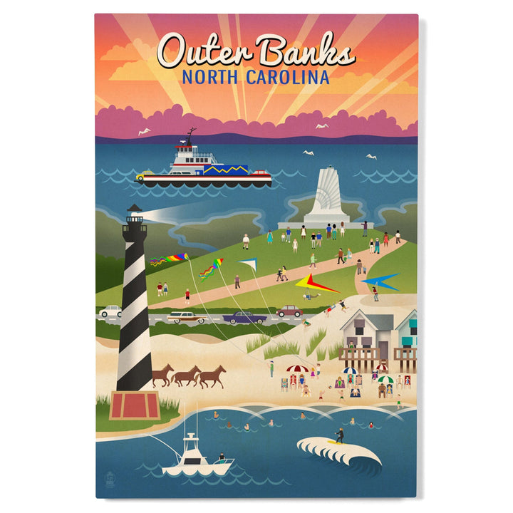 Outer Banks, North Carolina, Retro Scenes, Lantern Press Artwork, Wood Signs and Postcards Wood Lantern Press 