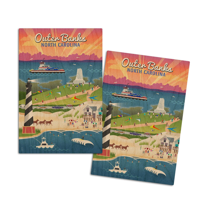 Outer Banks, North Carolina, Retro Scenes, Lantern Press Artwork, Wood Signs and Postcards Wood Lantern Press 4x6 Wood Postcard Set 