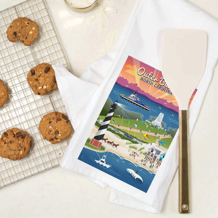Outer Banks, North Carolina, Retro Scenes, Organic Cotton Kitchen Tea Towels Kitchen Lantern Press 