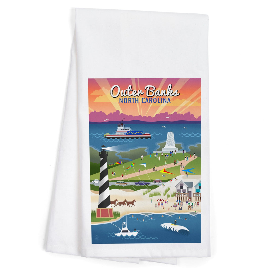 Outer Banks, North Carolina, Retro Scenes, Organic Cotton Kitchen Tea Towels Kitchen Lantern Press 
