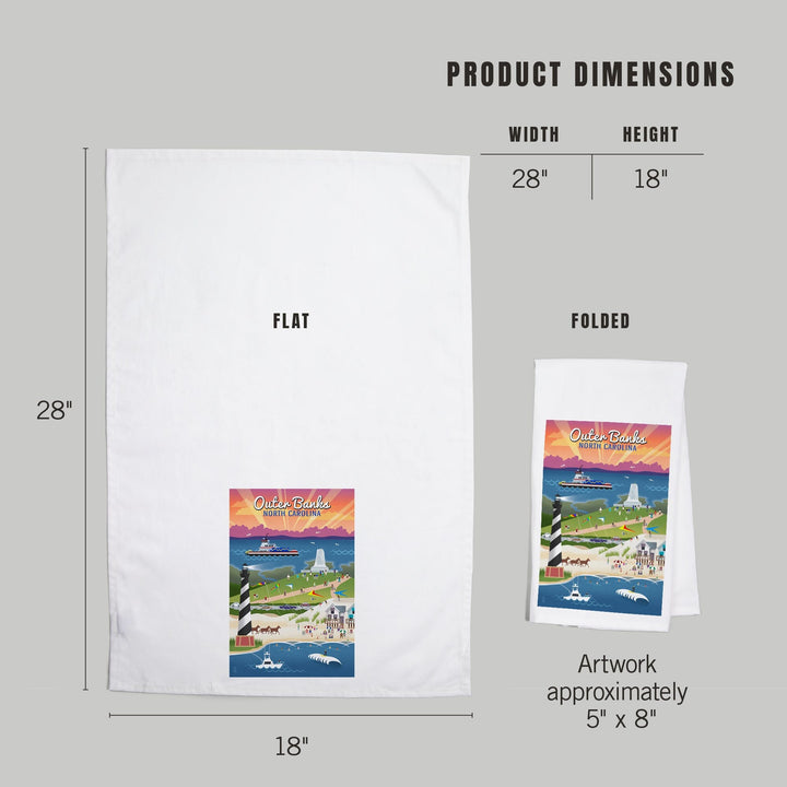 Outer Banks, North Carolina, Retro Scenes, Organic Cotton Kitchen Tea Towels Kitchen Lantern Press 