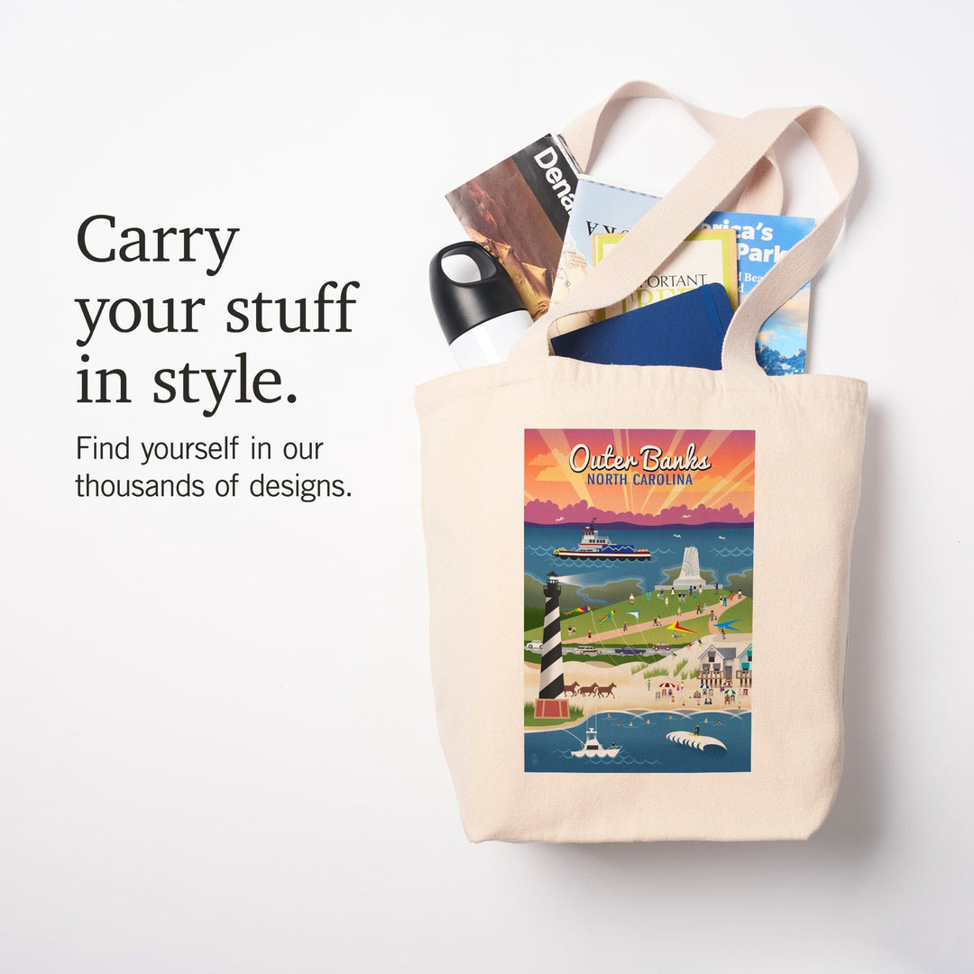 Outer Banks, North Carolina, Retro Scenes, Tote Bag Totes Lantern Press 